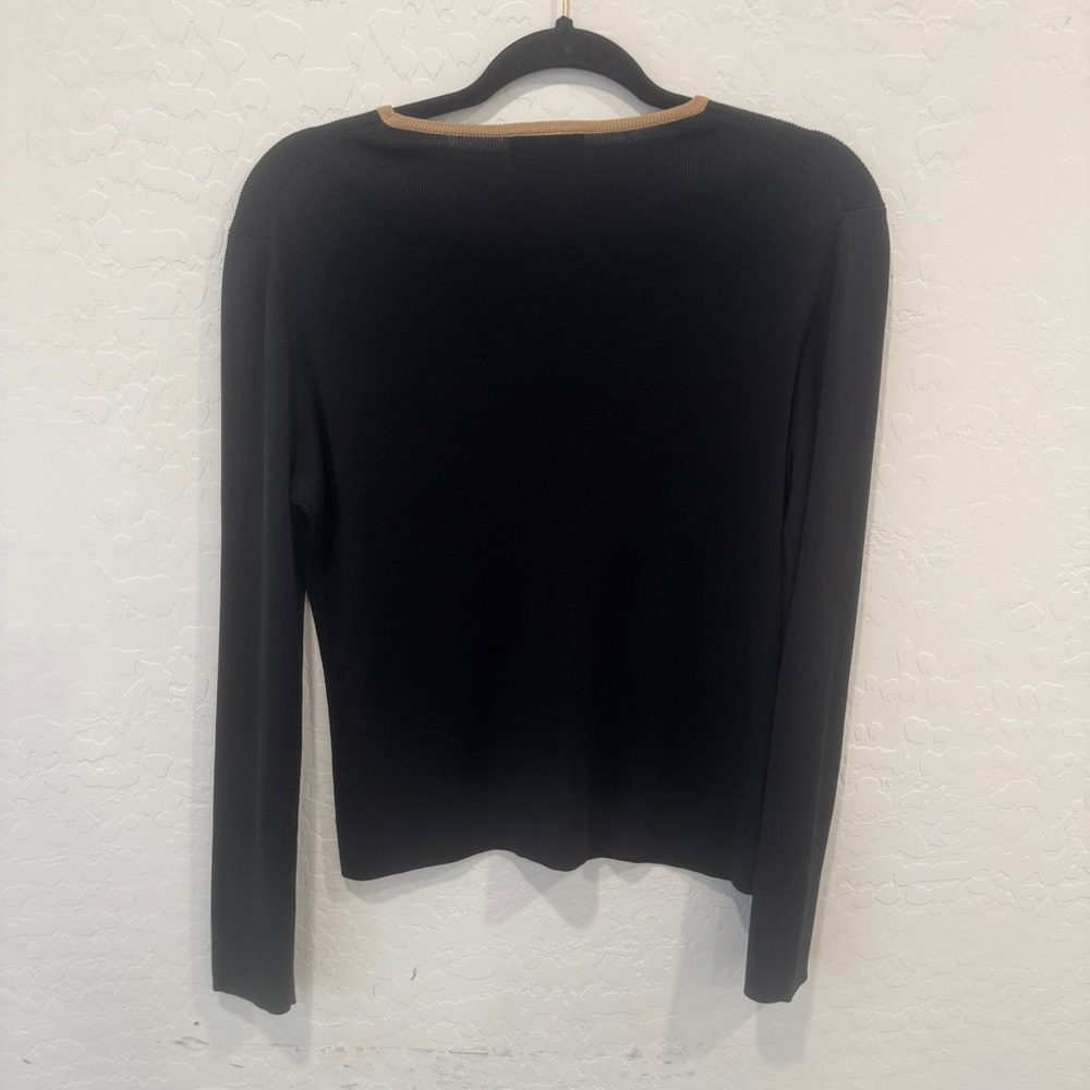 Ann Taylor LOFT Cardigan Womens Medium Black Tan Trim Silk Button Front Capsule - Picture 5 of 5